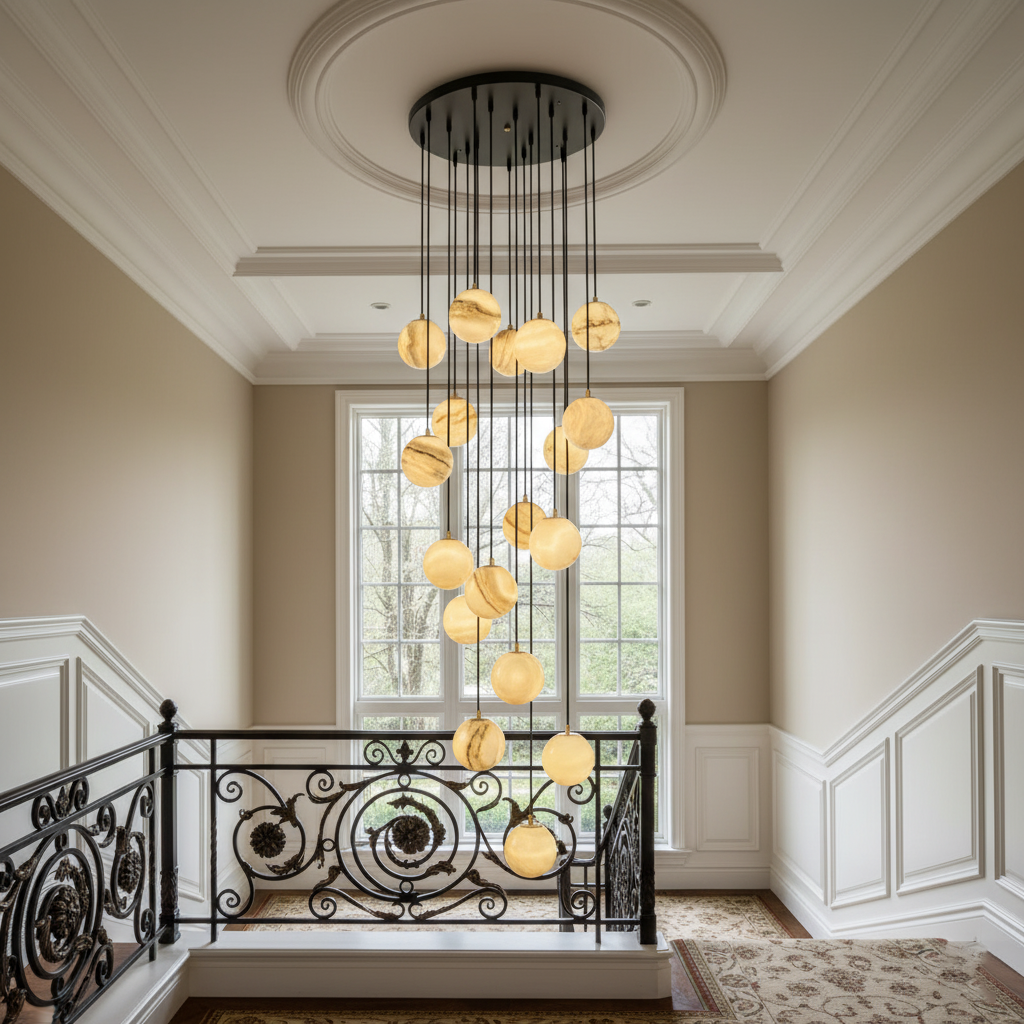 Alabaster Balls Cluster Chandelier – Natural Stone Orbs & Modern Cascading Chandelier