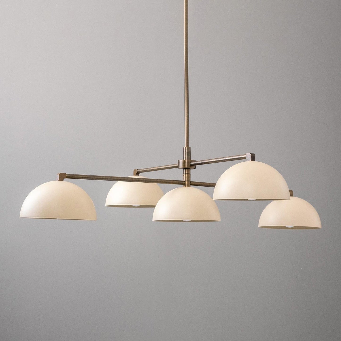 Glaze Linear Chandelier - 5-Head Brass & Matte Dome Island Ceiling Light