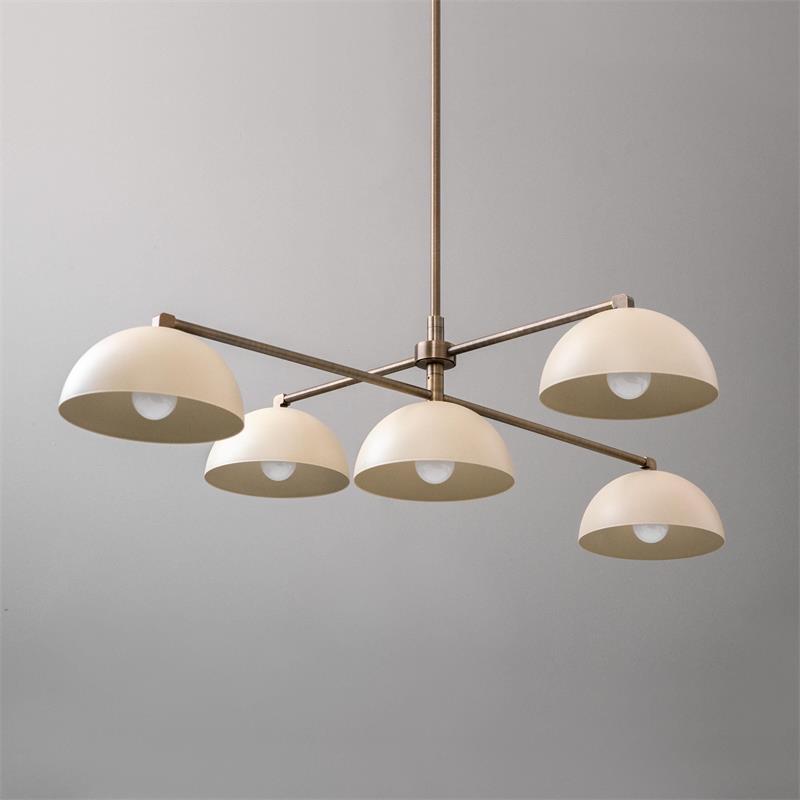 Glaze Linear Chandelier - 5-Head Brass & Matte Dome Island Ceiling Light