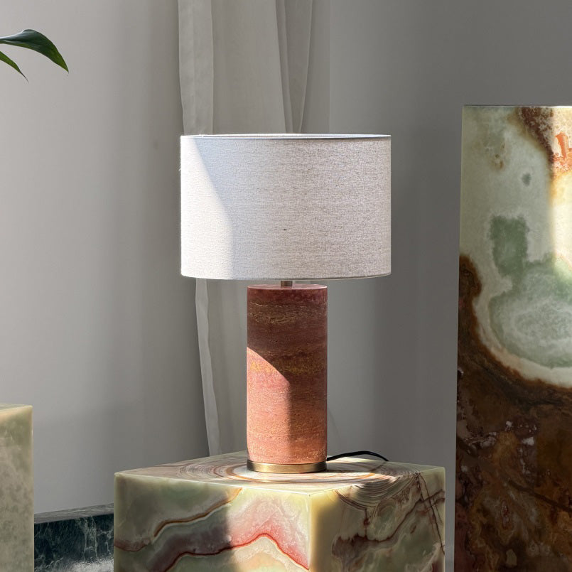 Gravity Table Lamp - Natural Marble & Travertine Base with Fabric Drum Shade
