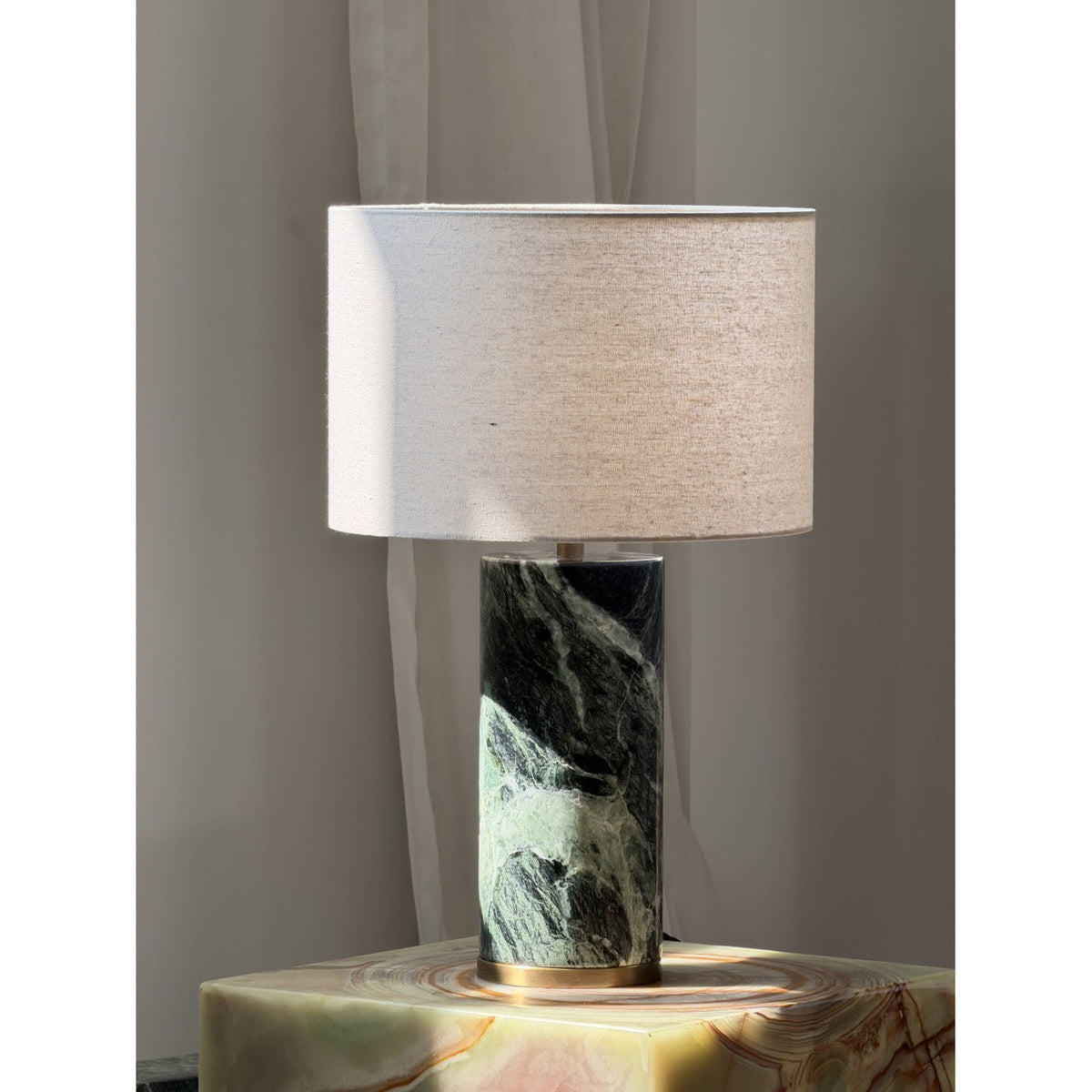 Gravity Table Lamp - Natural Marble & Travertine Base with Fabric Drum Shade
