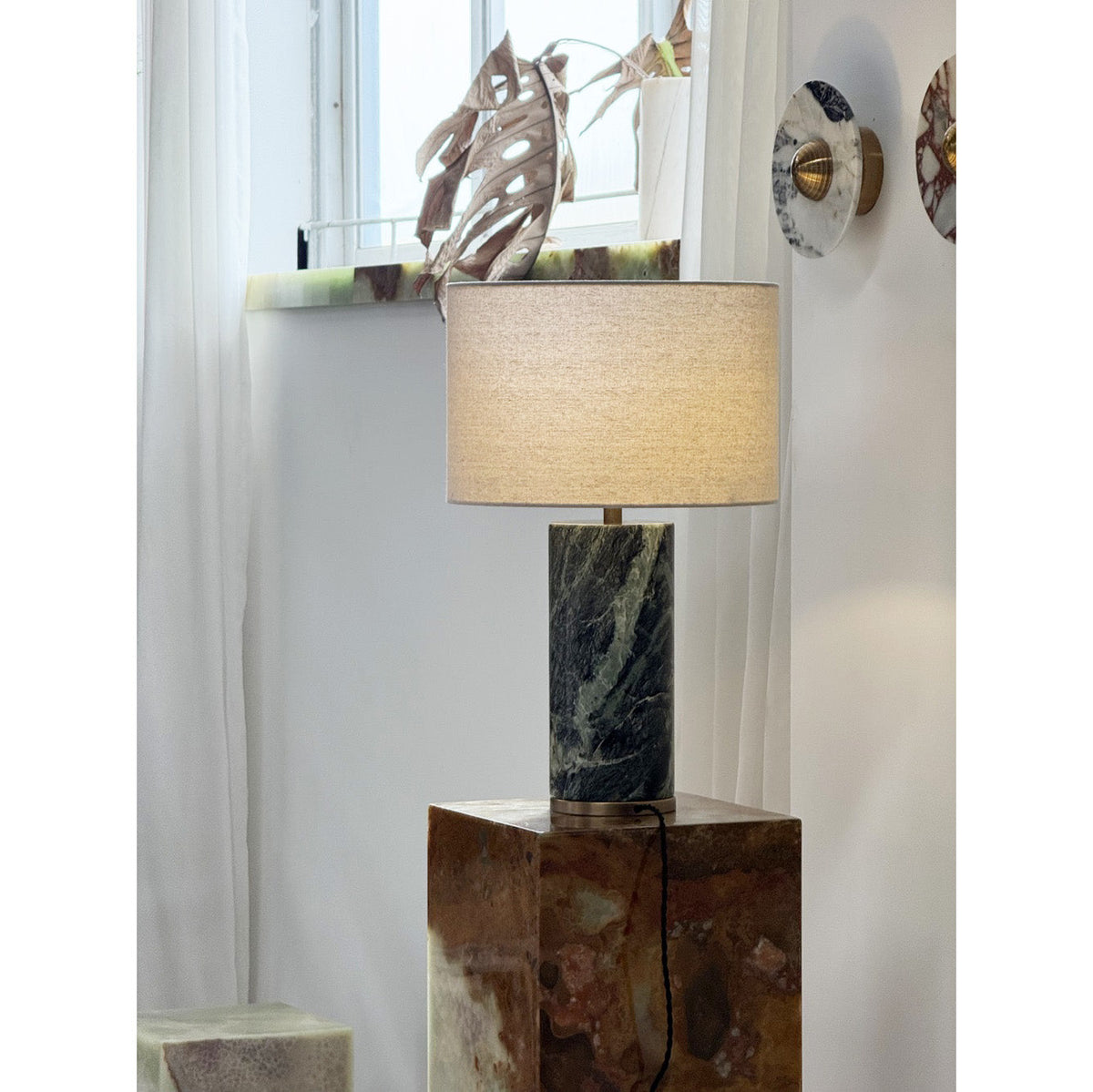 Gravity Table Lamp - Natural Marble & Travertine Base with Fabric Drum Shade