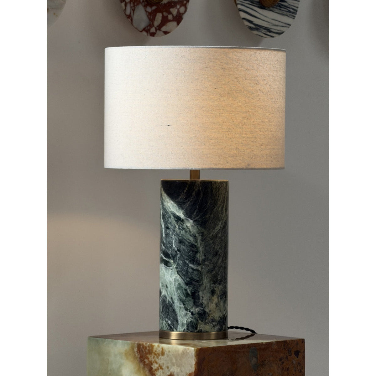 Gravity Table Lamp - Natural Marble & Travertine Base with Fabric Drum Shade