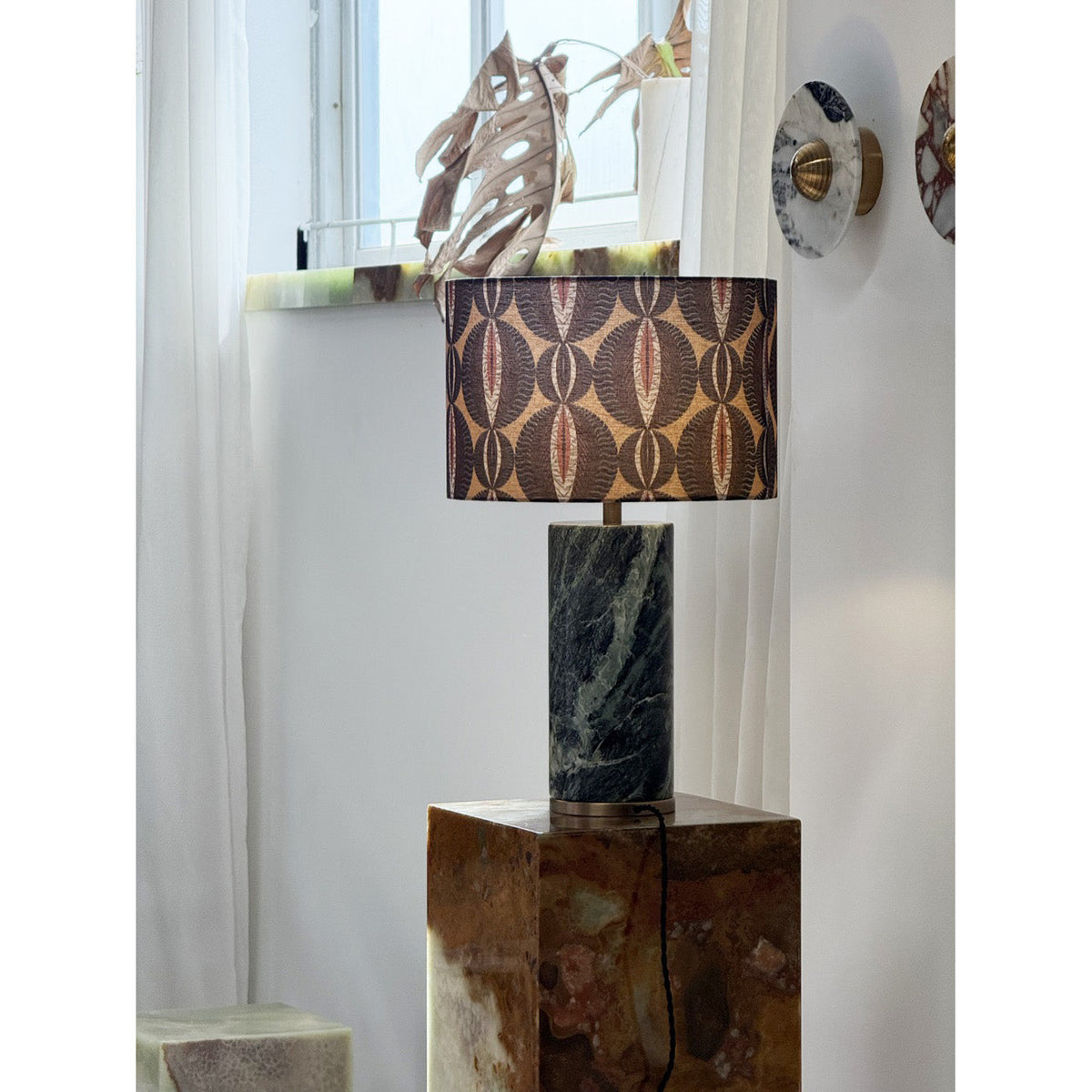 Gravity Table Lamp - Natural Marble & Travertine Base with Fabric Drum Shade