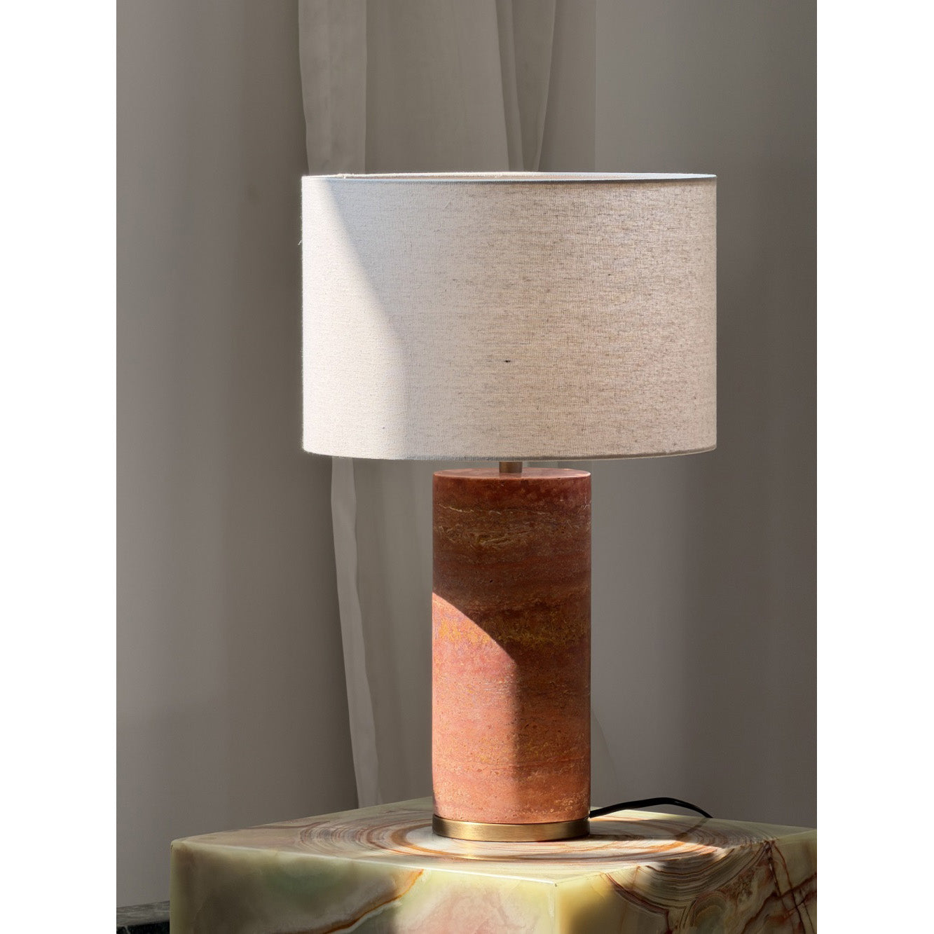 Gravity Table Lamp - Natural Marble & Travertine Base with Fabric Drum Shade
