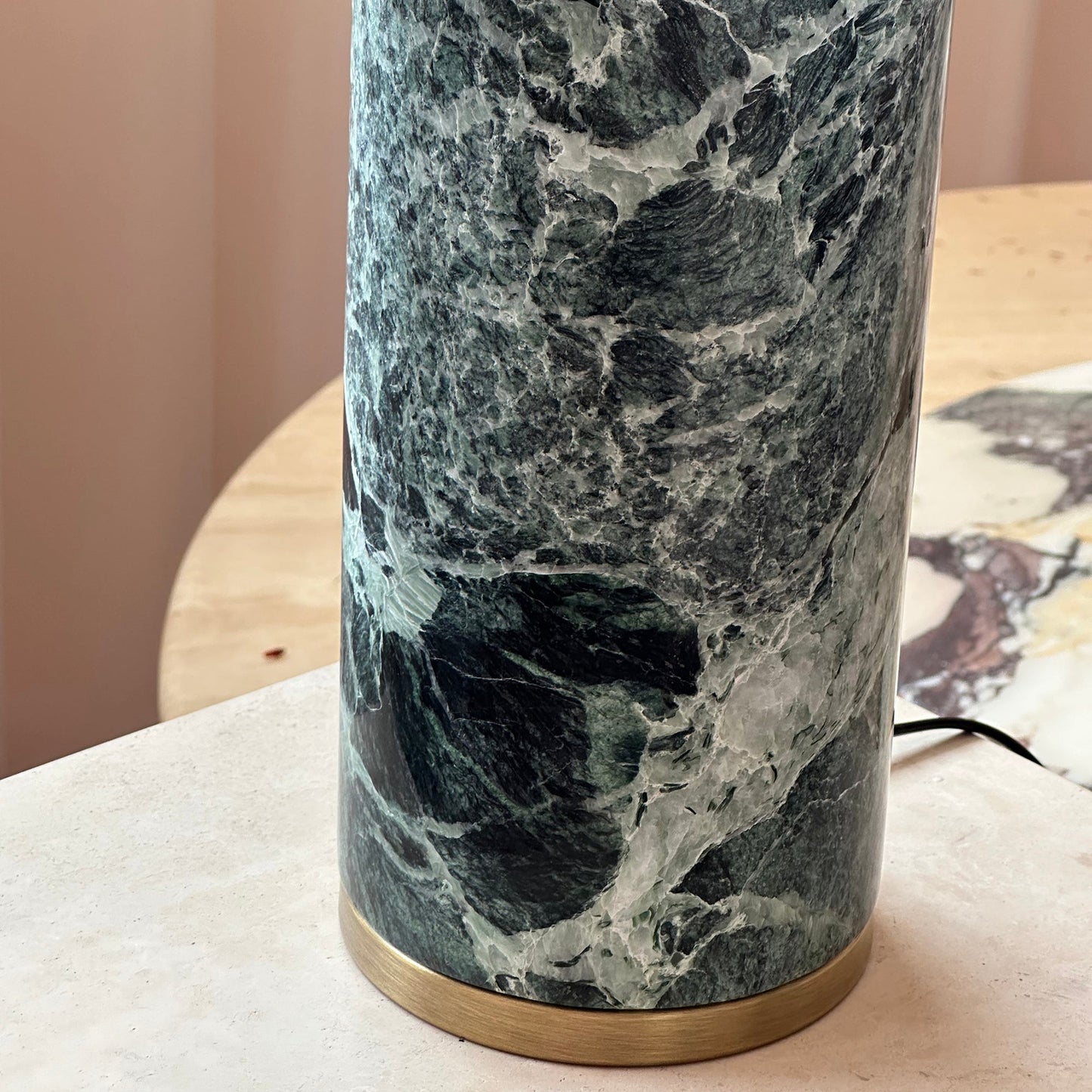 Gravity Table Lamp - Natural Marble & Travertine Base with Fabric Drum Shade