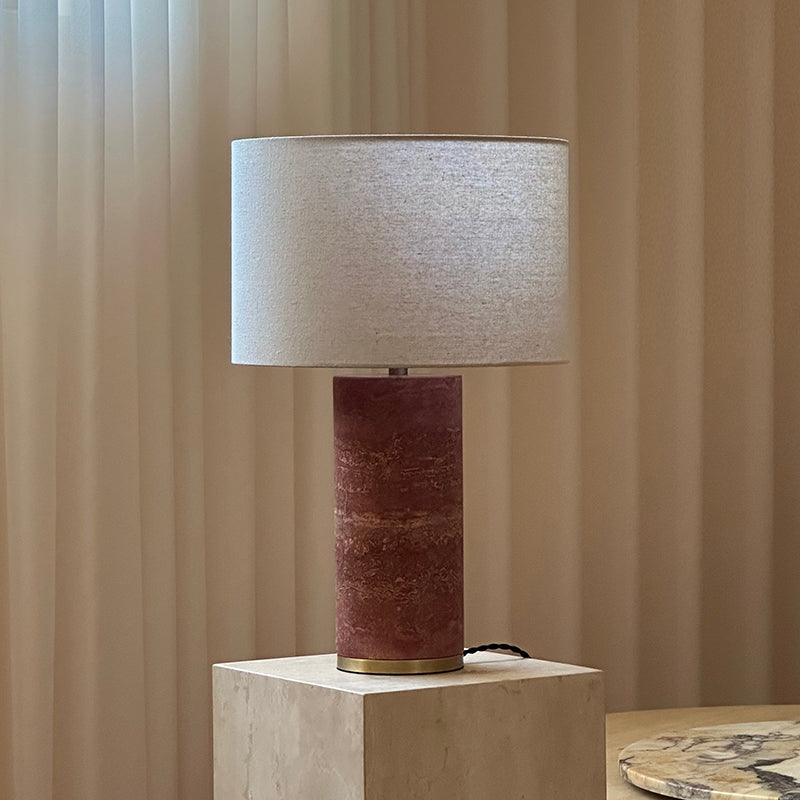Gravity Table Lamp - Natural Marble & Travertine Base with Fabric Drum Shade