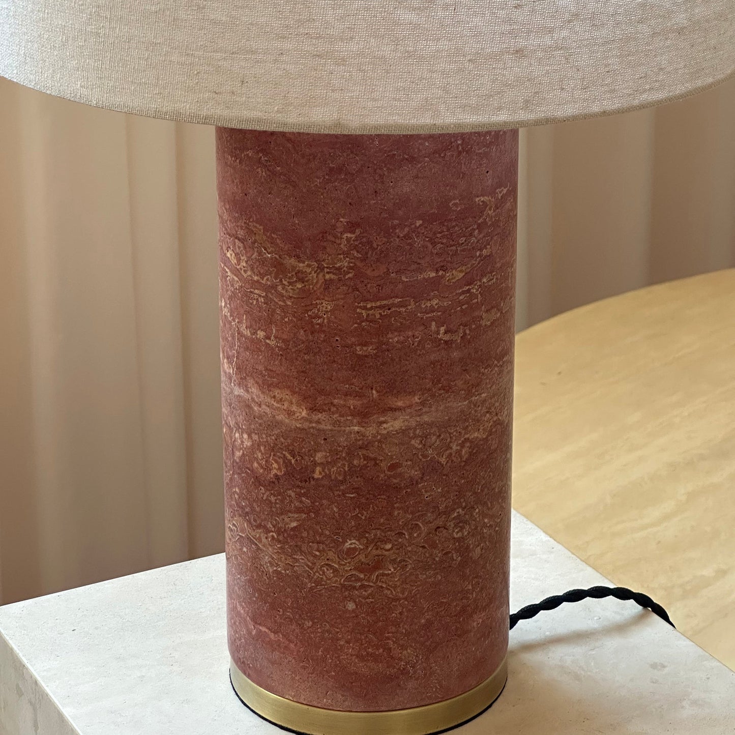 Gravity Table Lamp - Natural Marble & Travertine Base with Fabric Drum Shade