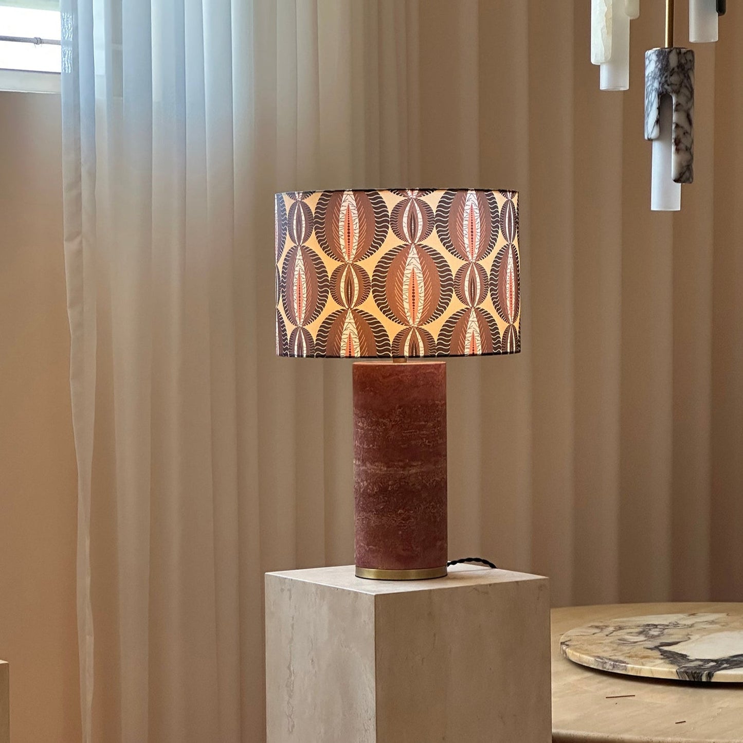 Gravity Table Lamp - Natural Marble & Travertine Base with Fabric Drum Shade