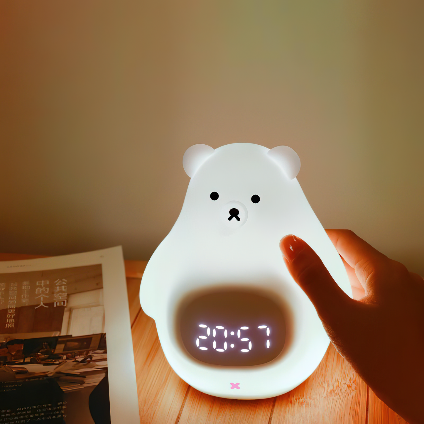 Great White Bear Alarm Clock Night Light - Rechargeable Silicone LED Lamp | Snooze Alarm & Sound Activated Display