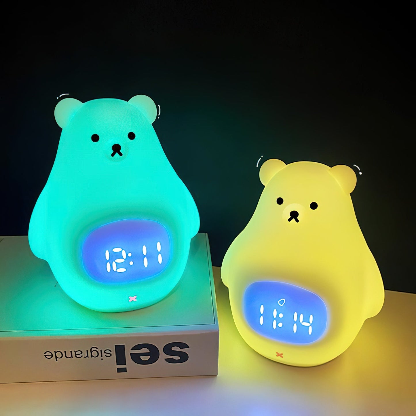 Great White Bear Alarm Clock Night Light - Rechargeable Silicone LED Lamp | Snooze Alarm & Sound Activated Display