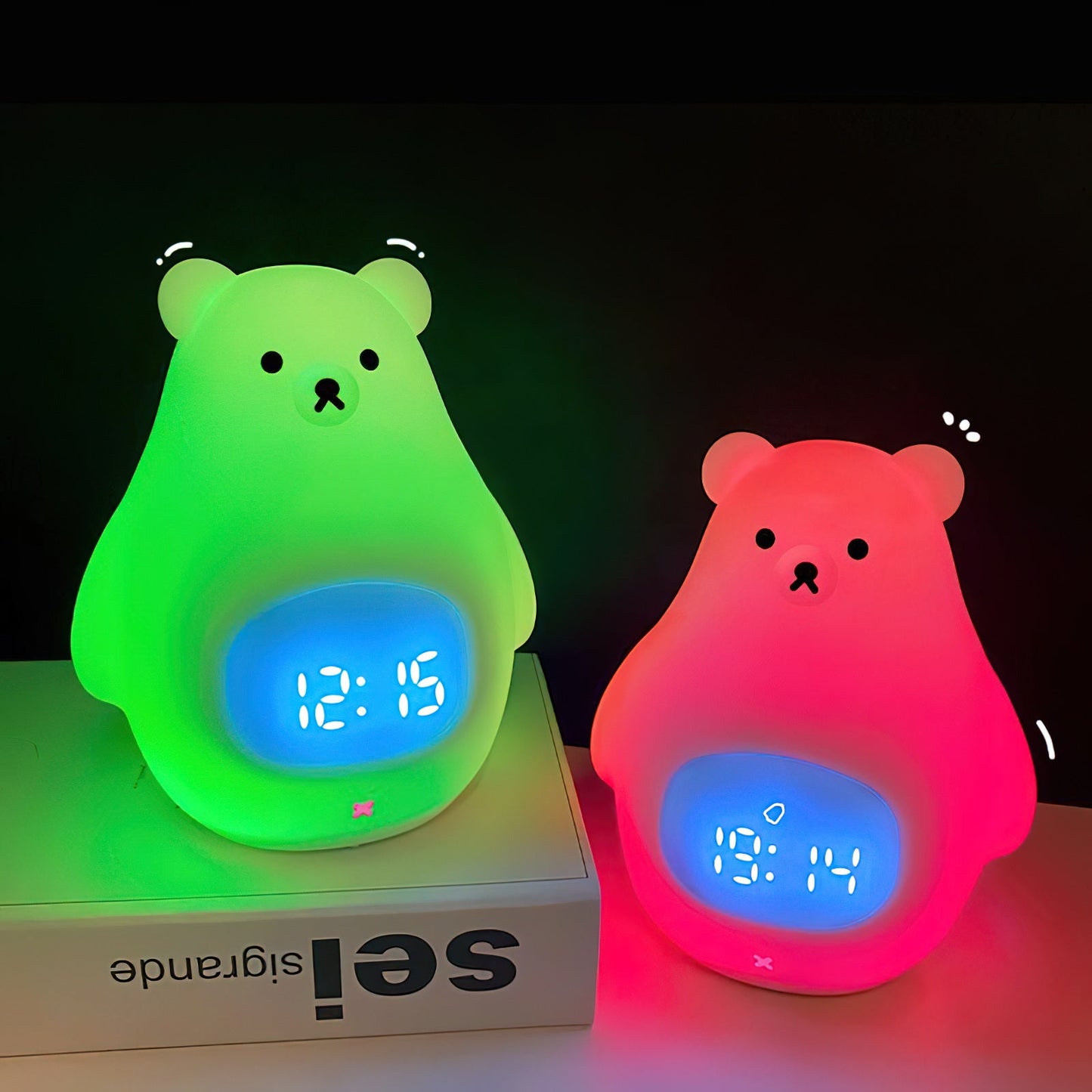 Great White Bear Alarm Clock Night Light - Rechargeable Silicone LED Lamp | Snooze Alarm & Sound Activated Display