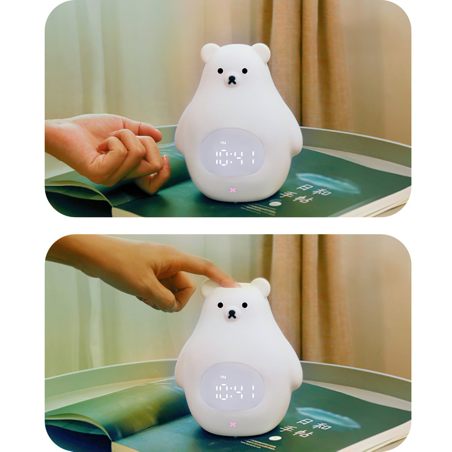 Great White Bear Alarm Clock Night Light - Rechargeable Silicone LED Lamp | Snooze Alarm & Sound Activated Display