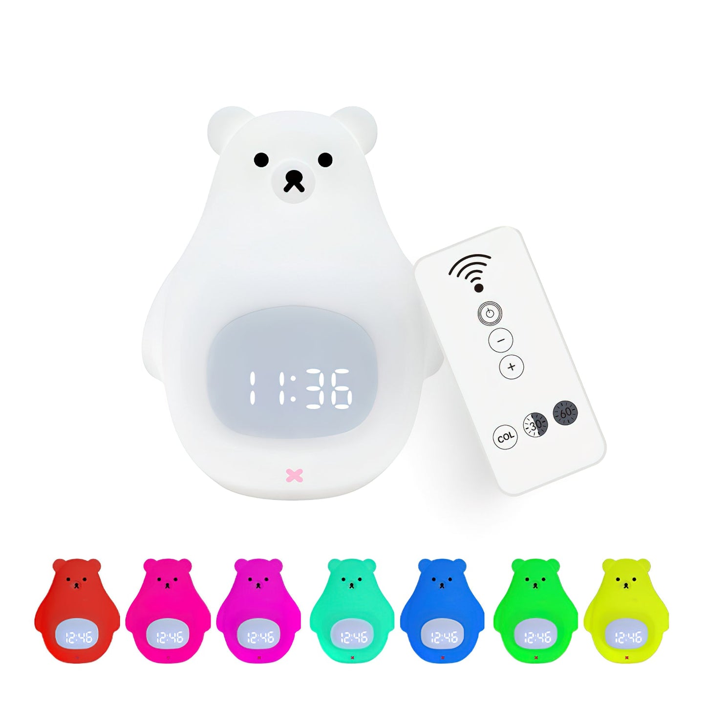 Great White Bear Alarm Clock Night Light - Rechargeable Silicone LED Lamp | Snooze Alarm & Sound Activated Display