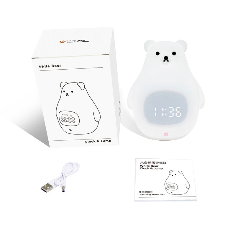 Great White Bear Alarm Clock Night Light - Rechargeable Silicone LED Lamp | Snooze Alarm & Sound Activated Display