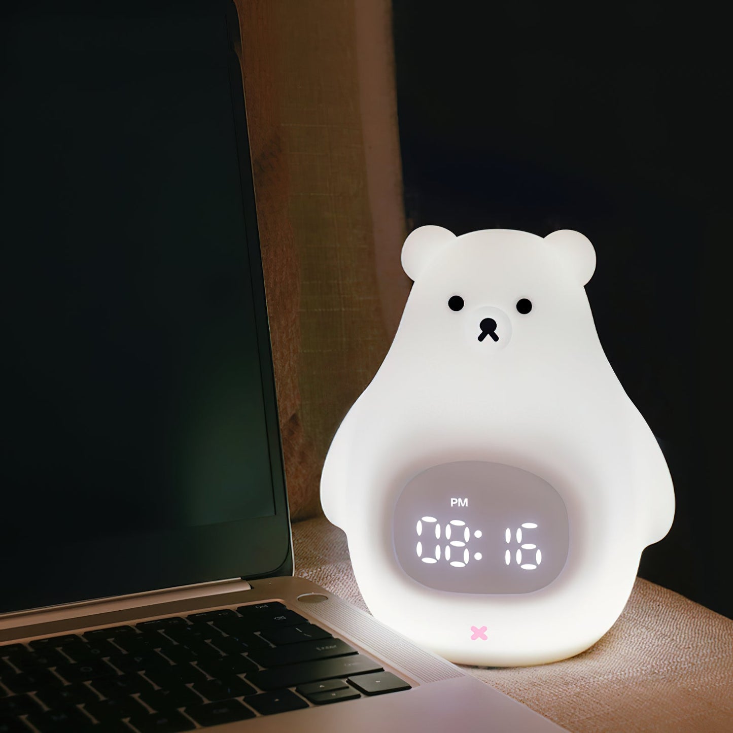 Great White Bear Alarm Clock Night Light - Rechargeable Silicone LED Lamp | Snooze Alarm & Sound Activated Display