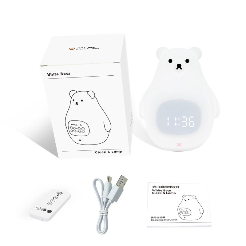 Great White Bear Alarm Clock Night Light - Rechargeable Silicone LED Lamp | Snooze Alarm & Sound Activated Display