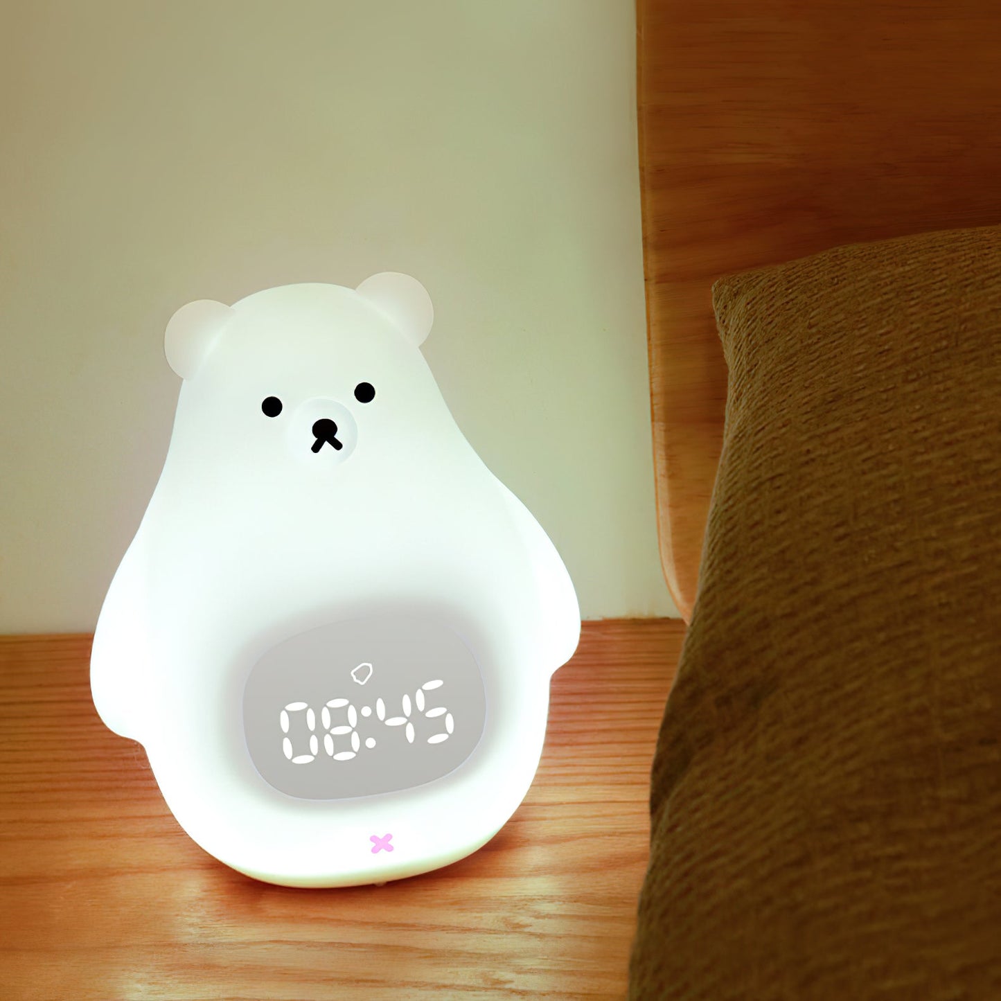 Great White Bear Alarm Clock Night Light - Rechargeable Silicone LED Lamp | Snooze Alarm & Sound Activated Display
