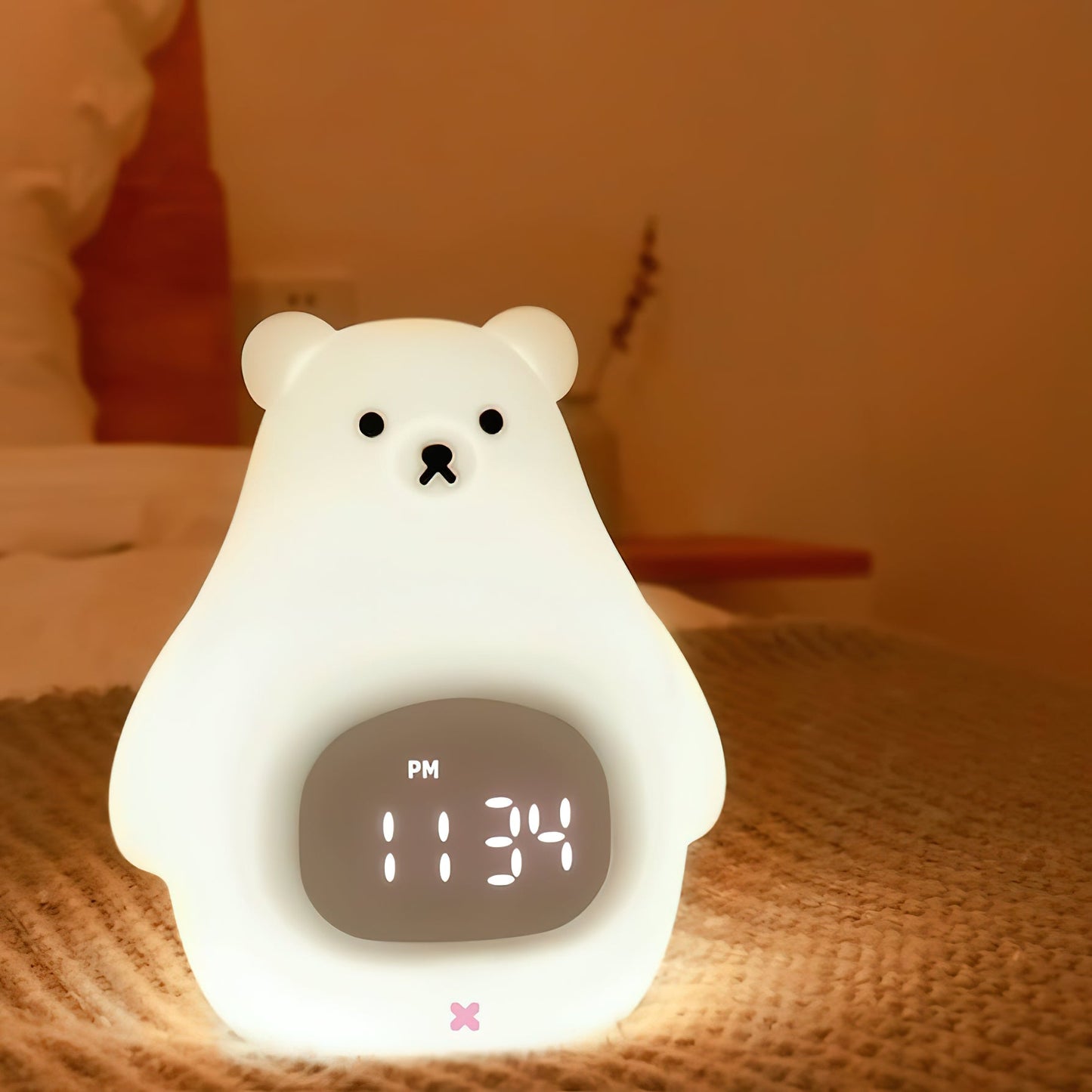 Great White Bear Alarm Clock Night Light - Rechargeable Silicone LED Lamp | Snooze Alarm & Sound Activated Display