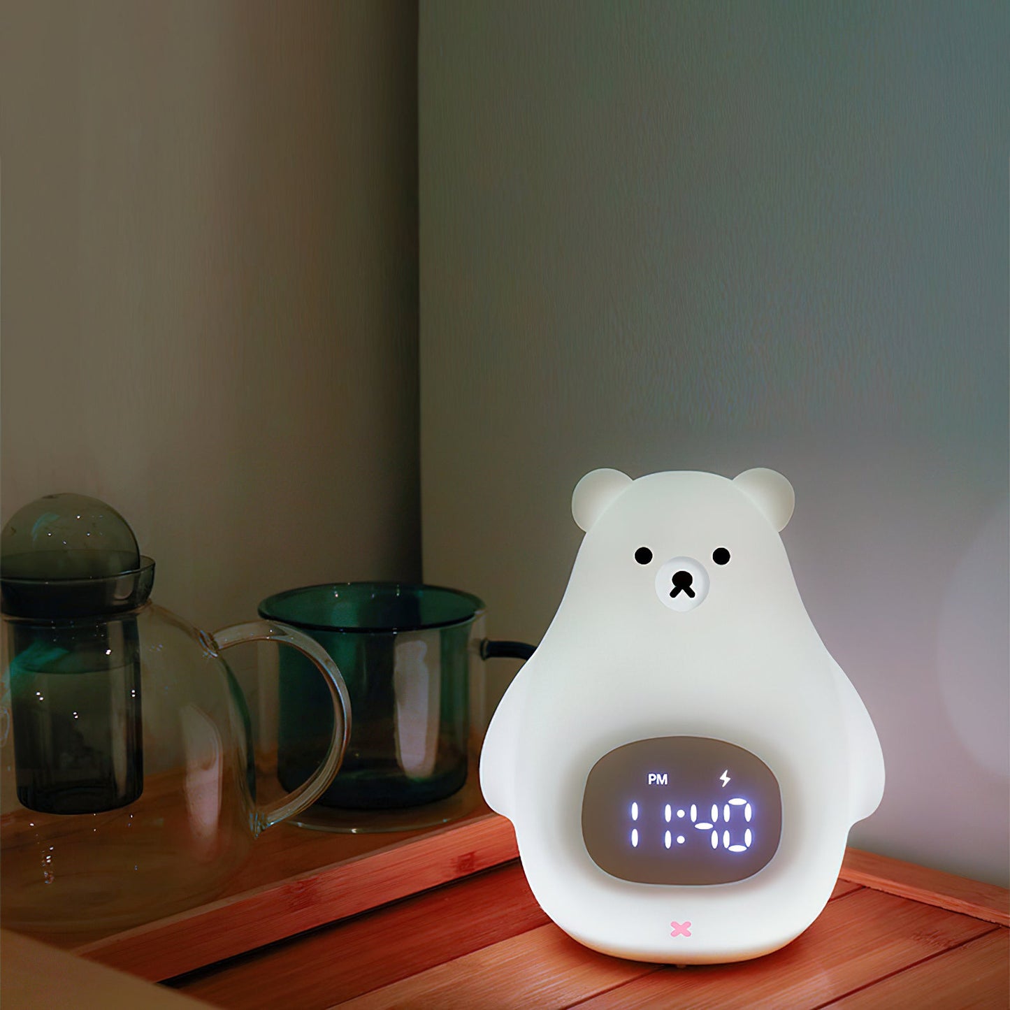Great White Bear Alarm Clock Night Light - Rechargeable Silicone LED Lamp | Snooze Alarm & Sound Activated Display