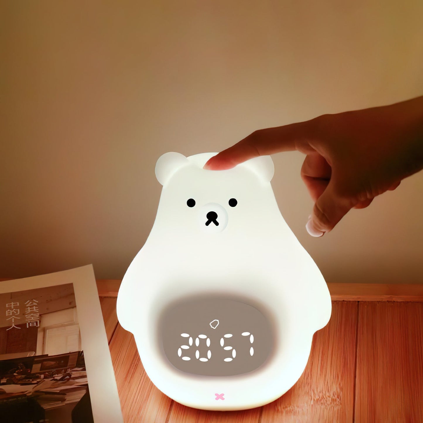 Great White Bear Alarm Clock Night Light - Rechargeable Silicone LED Lamp | Snooze Alarm & Sound Activated Display
