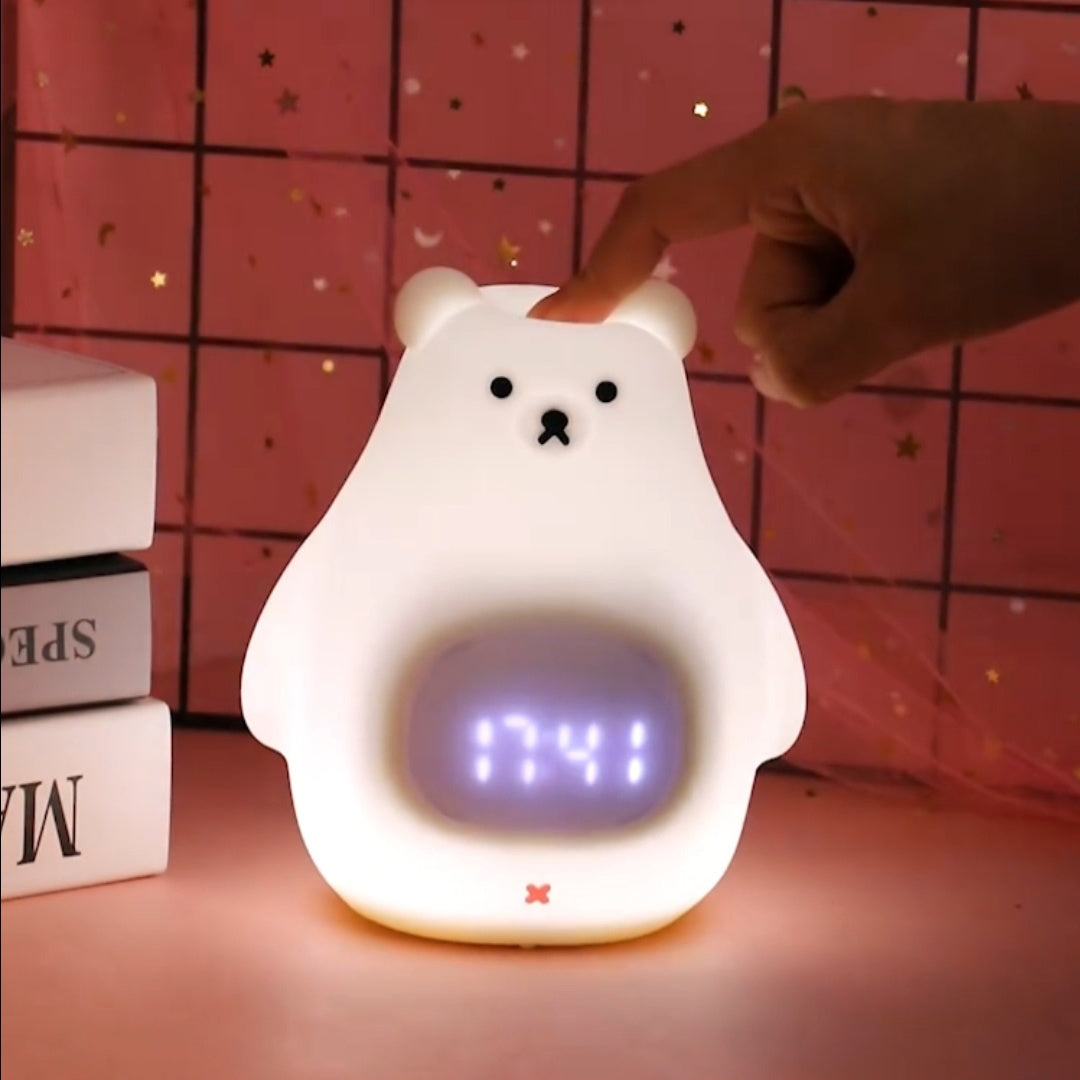 Great White Bear Alarm Clock Night Light - Rechargeable Silicone LED Lamp | Snooze Alarm & Sound Activated Display