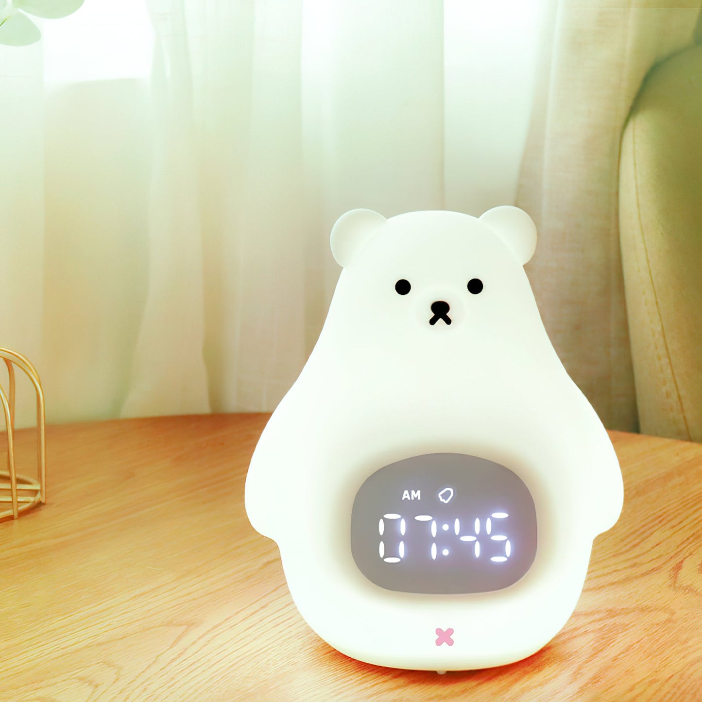 Great White Bear Alarm Clock Night Light - Rechargeable Silicone LED Lamp | Snooze Alarm & Sound Activated Display