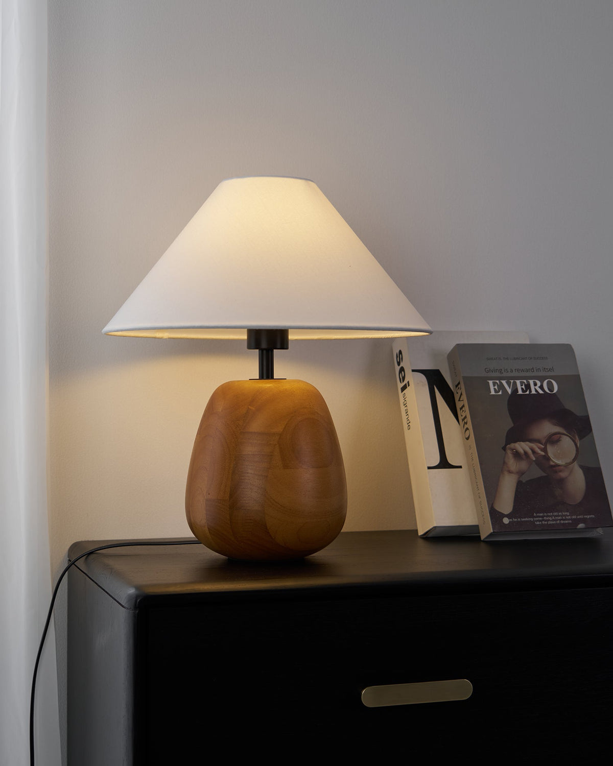 Irving Wood Table Lamp - Sculptural Organic Timber Base & Tapered Fabric Shade Accent Light