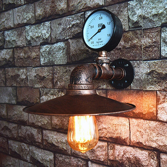 Steampunk Water Pipe Wall Light - Rusty Brown Iron Pipe Sconce with Pressure Gauge & Shade