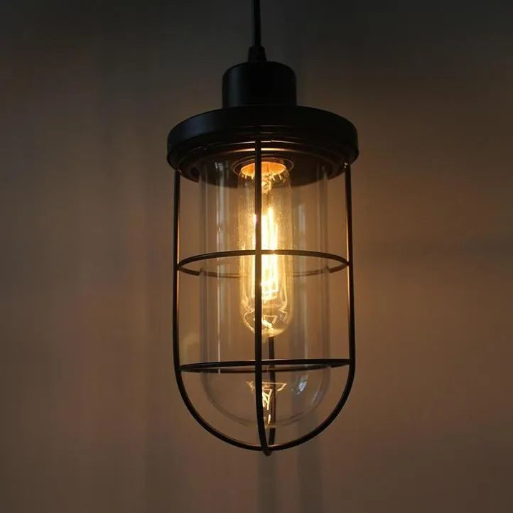 Industrial Caged Glass Cylinder Pendant Light - Black Iron Cage & Glass Edison Pendant