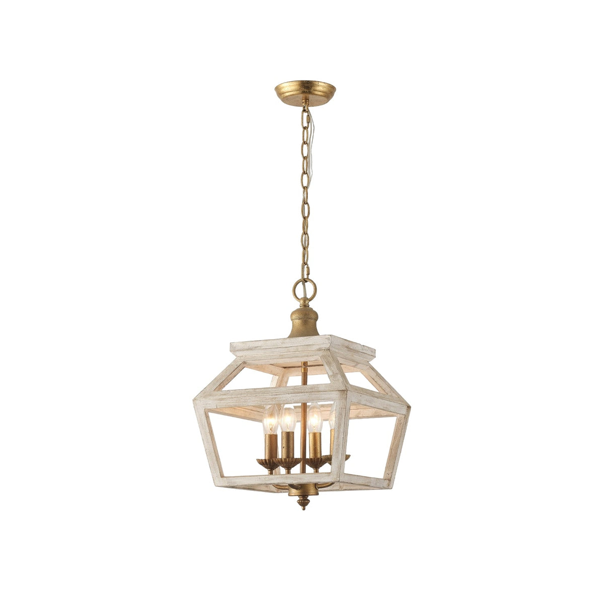 Haiden Pendant Lamp - Old-White Solid Wood & Burnished Chestnut Iron 4-Light Lantern Pendant