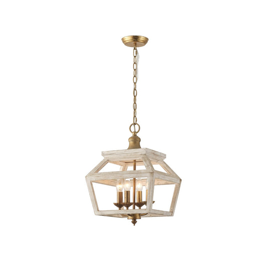 Haiden Pendant Lamp - Old-White Solid Wood & Burnished Chestnut Iron 4-Light Lantern Pendant