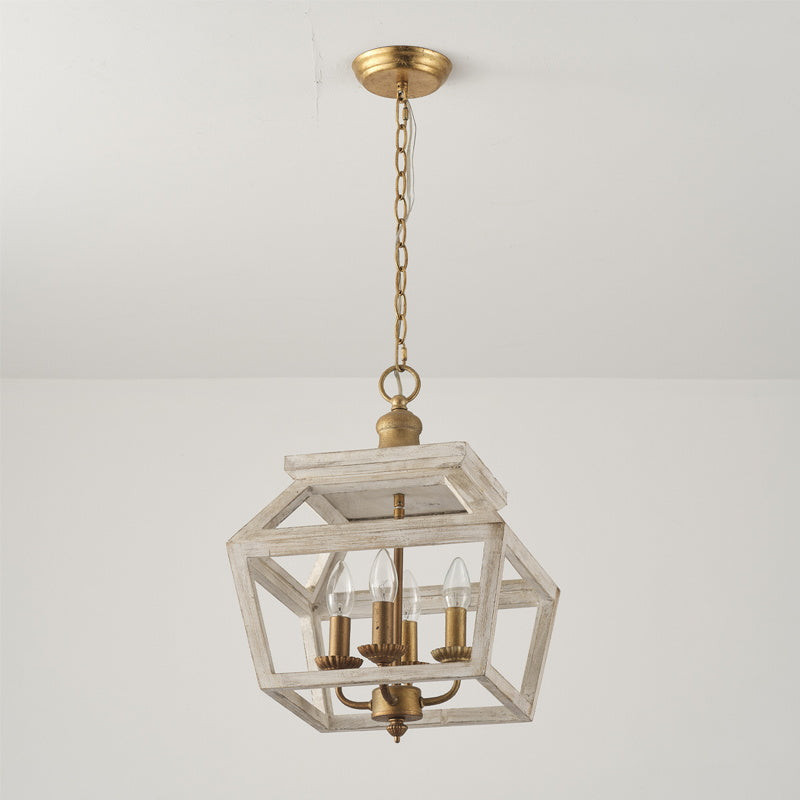 Haiden Pendant Lamp - Old-White Solid Wood & Burnished Chestnut Iron 4-Light Lantern Pendant
