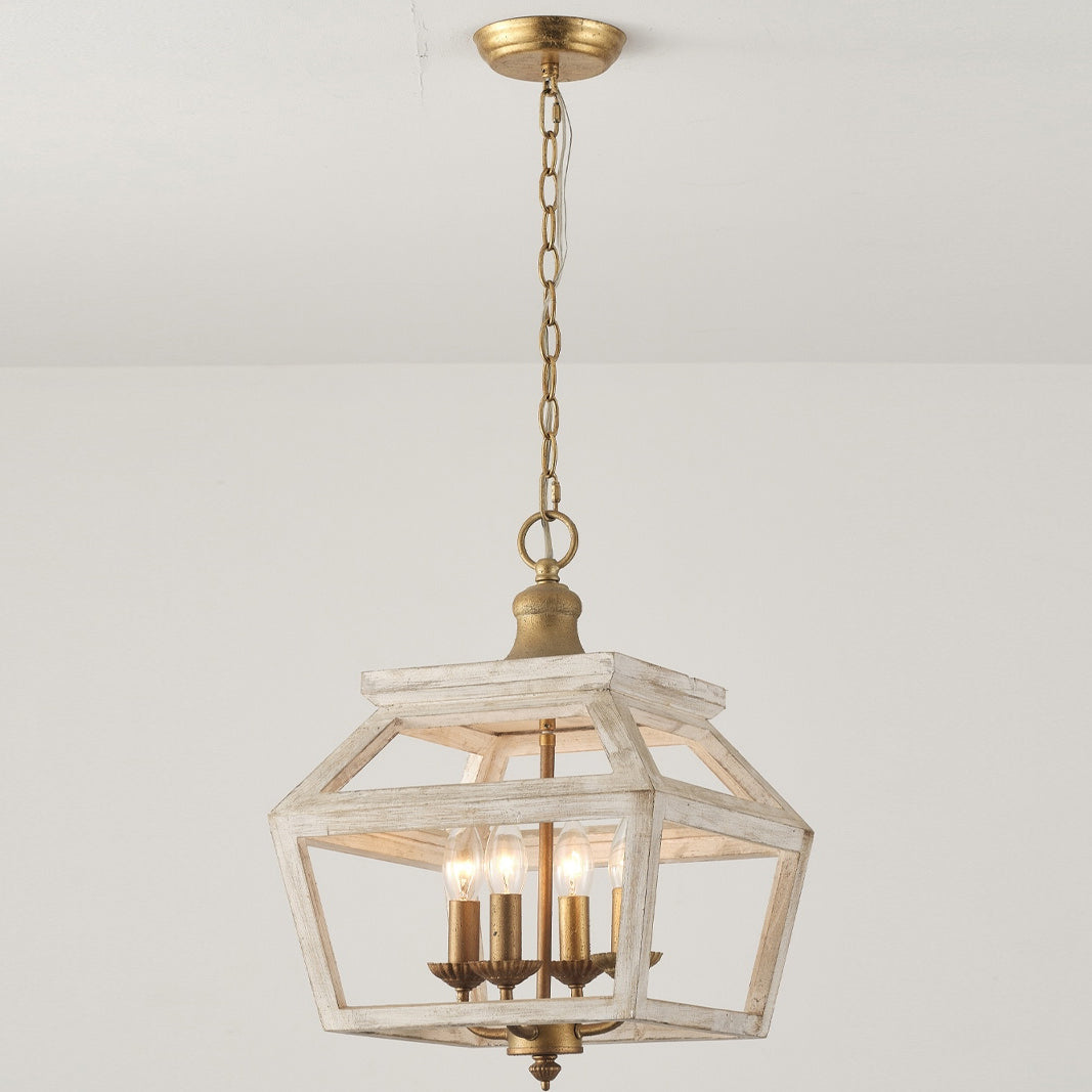 Haiden Pendant Lamp - Old-White Solid Wood & Burnished Chestnut Iron 4-Light Lantern Pendant
