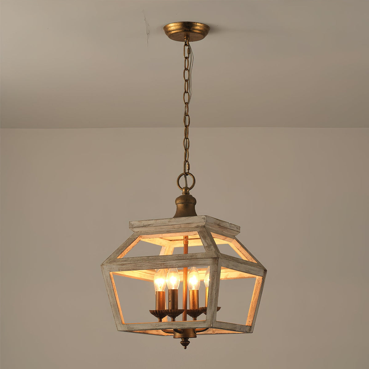 Haiden Pendant Lamp - Old-White Solid Wood & Burnished Chestnut Iron 4-Light Lantern Pendant