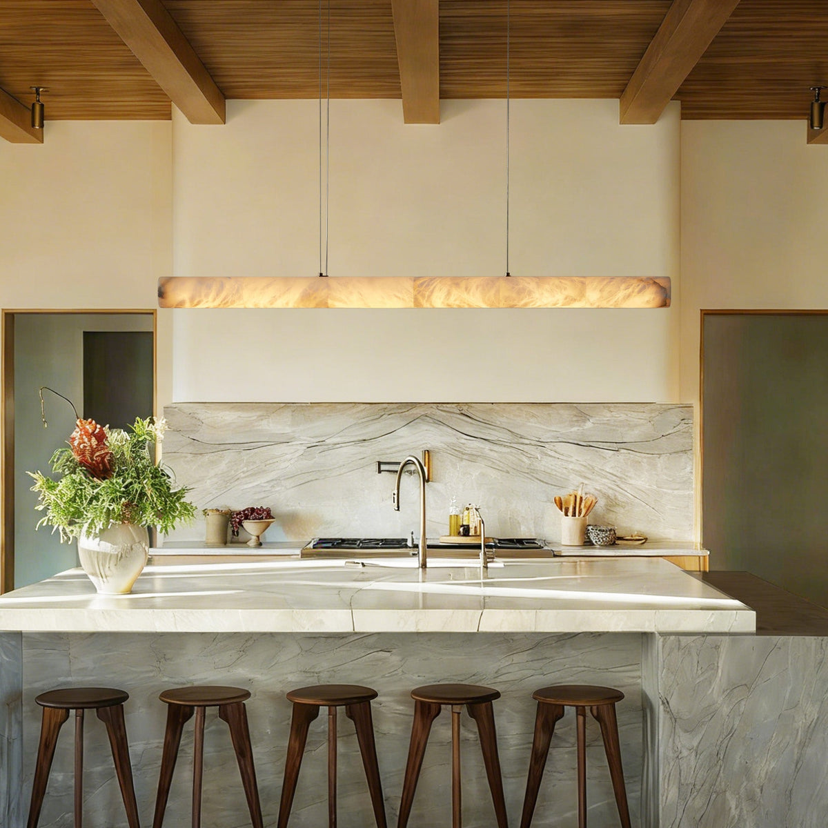 Halima Linear Alabaster Chandelier - Spanish Natural Alabaster & Warm Brass Linear LED Pendant