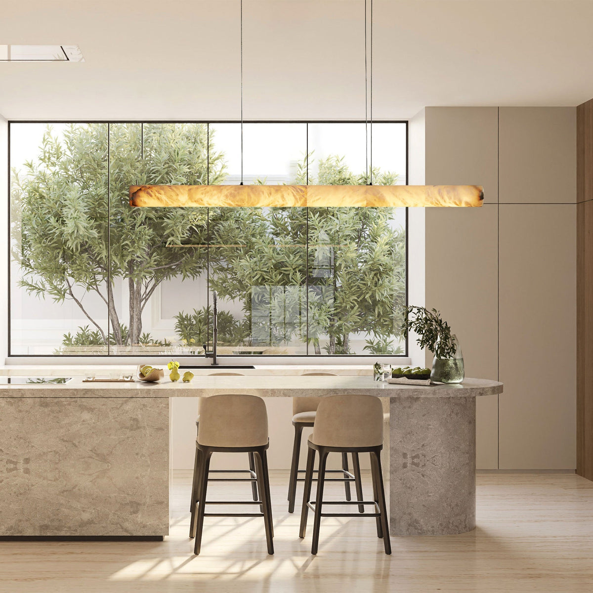 Halima Linear Alabaster Chandelier - Spanish Natural Alabaster & Warm Brass Linear LED Pendant