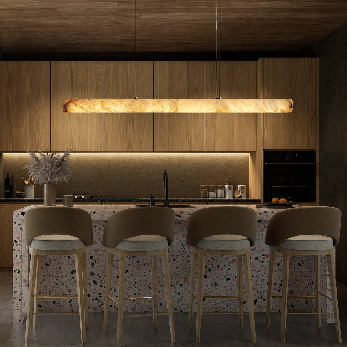 Halima Linear Alabaster Chandelier - Spanish Natural Alabaster & Warm Brass Linear LED Pendant