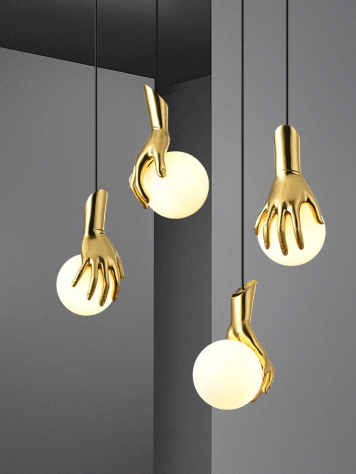 Hand Holding Globe Pendant Light - Sculptural Brass Hand & White Glass Orb Pendant
