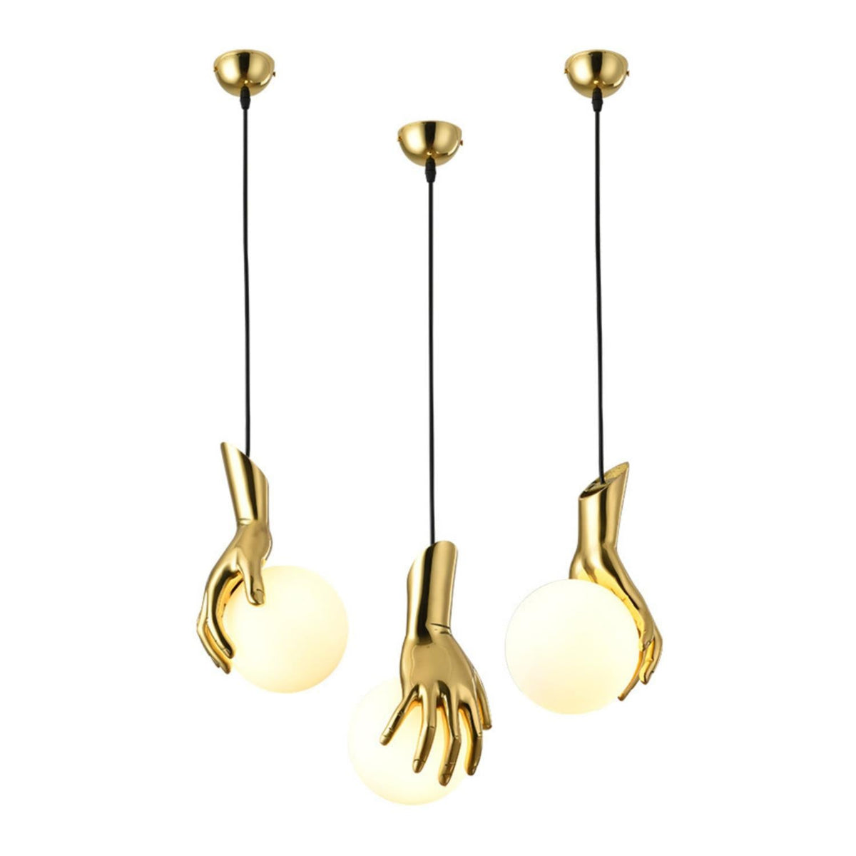 Hand Holding Globe Pendant Light - Sculptural Brass Hand & White Glass Orb Pendant