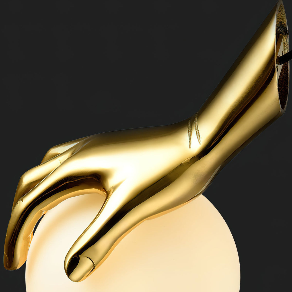 Hand Holding Globe Pendant Light - Sculptural Brass Hand & White Glass Orb Pendant