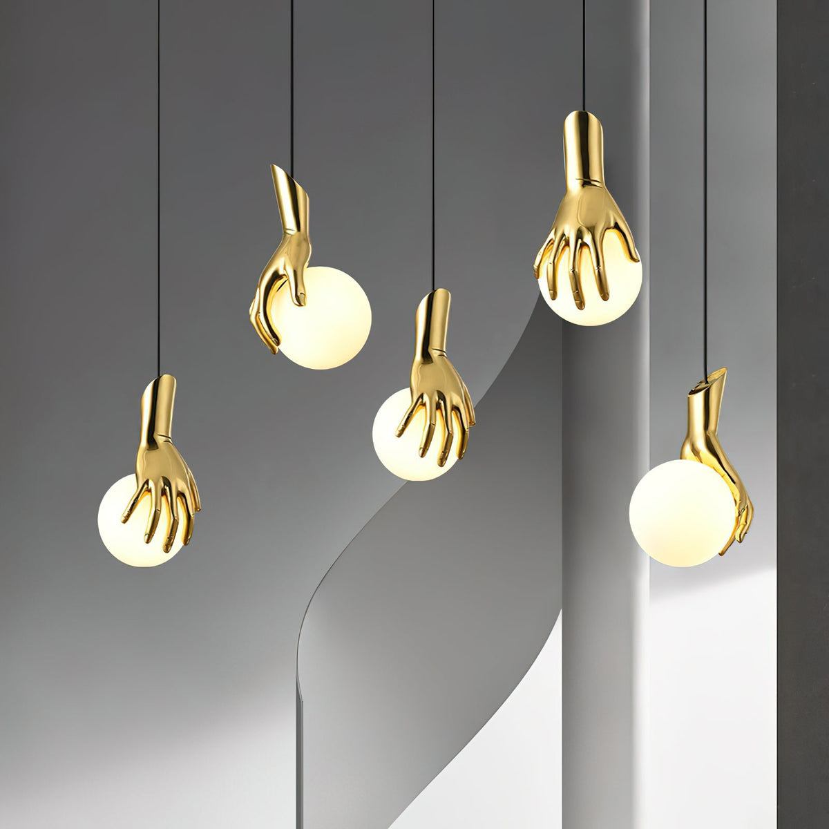 Hand Holding Globe Pendant Light - Sculptural Brass Hand & White Glass Orb Pendant
