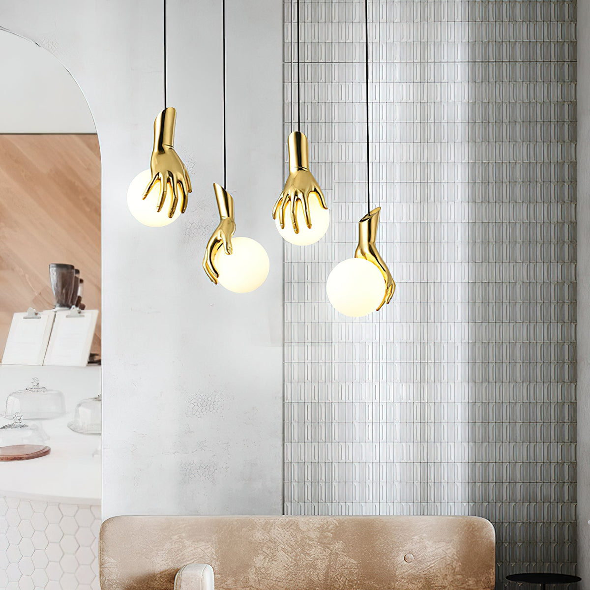 Hand Holding Globe Pendant Light - Sculptural Brass Hand & White Glass Orb Pendant