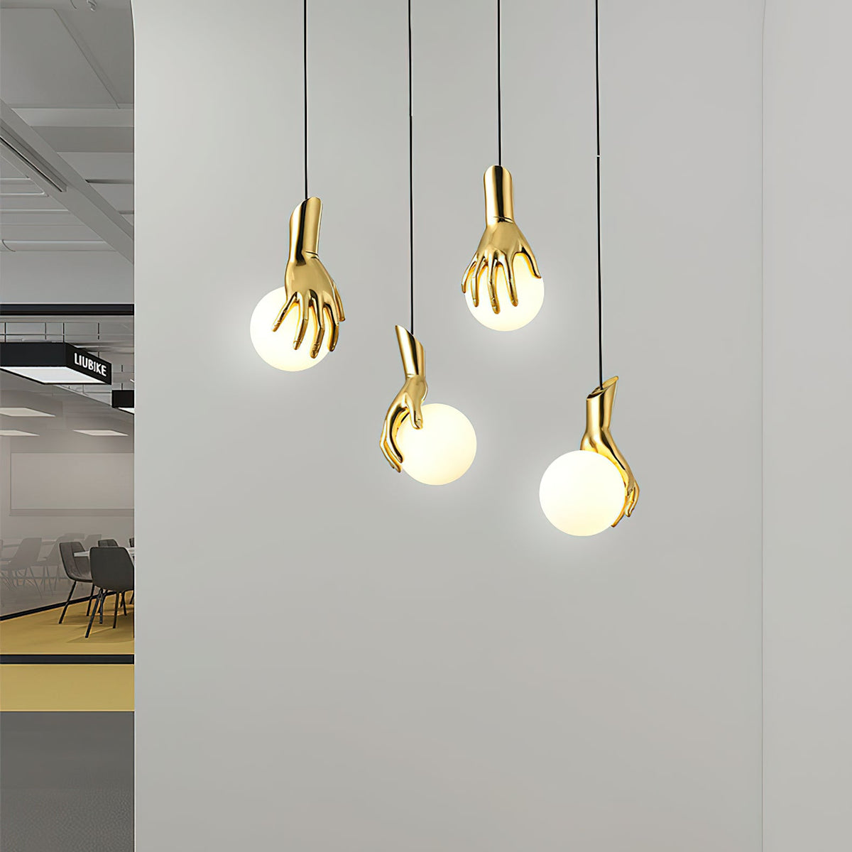 Hand Holding Globe Pendant Light - Sculptural Brass Hand & White Glass Orb Pendant