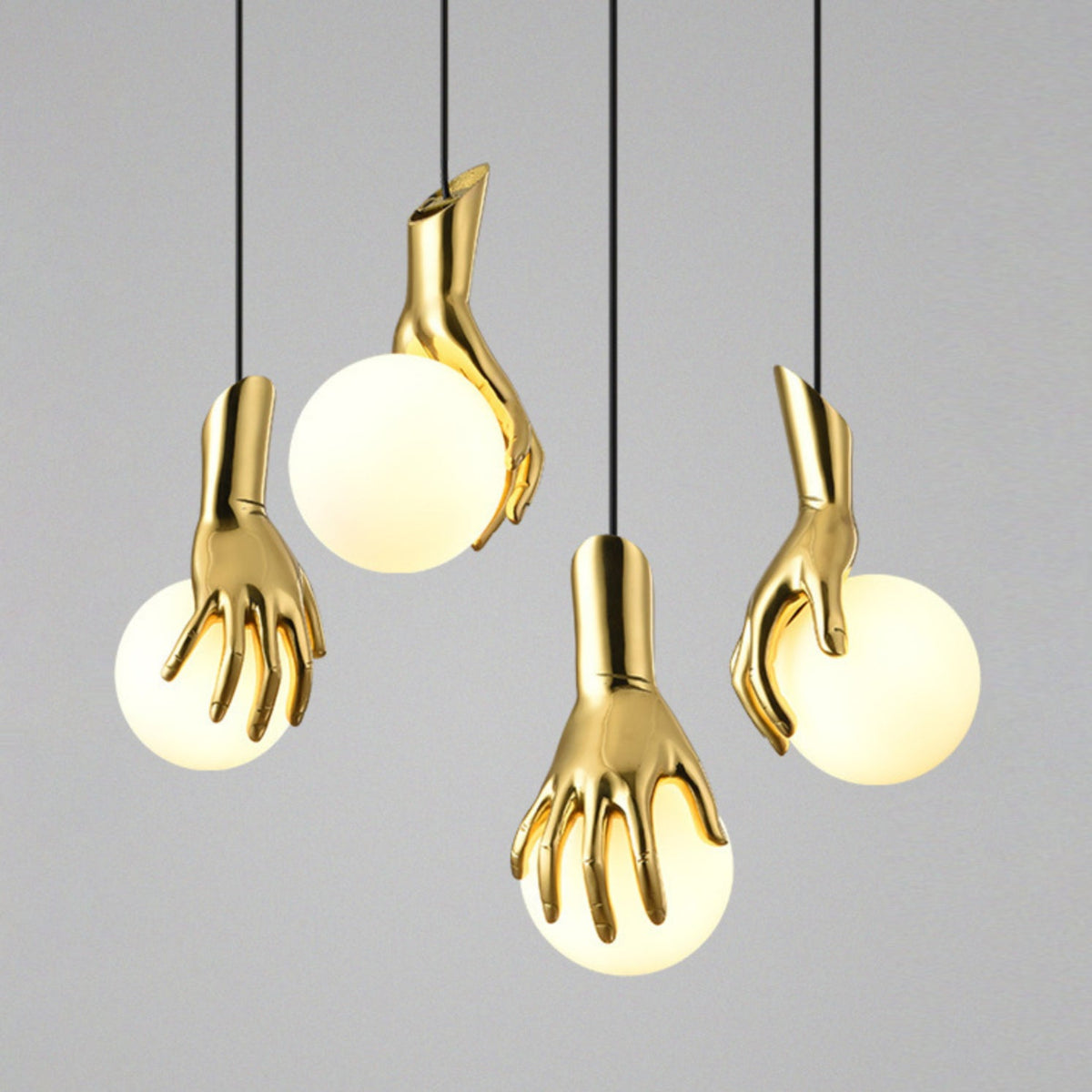 Hand Holding Globe Pendant Light - Sculptural Brass Hand & White Glass Orb Pendant