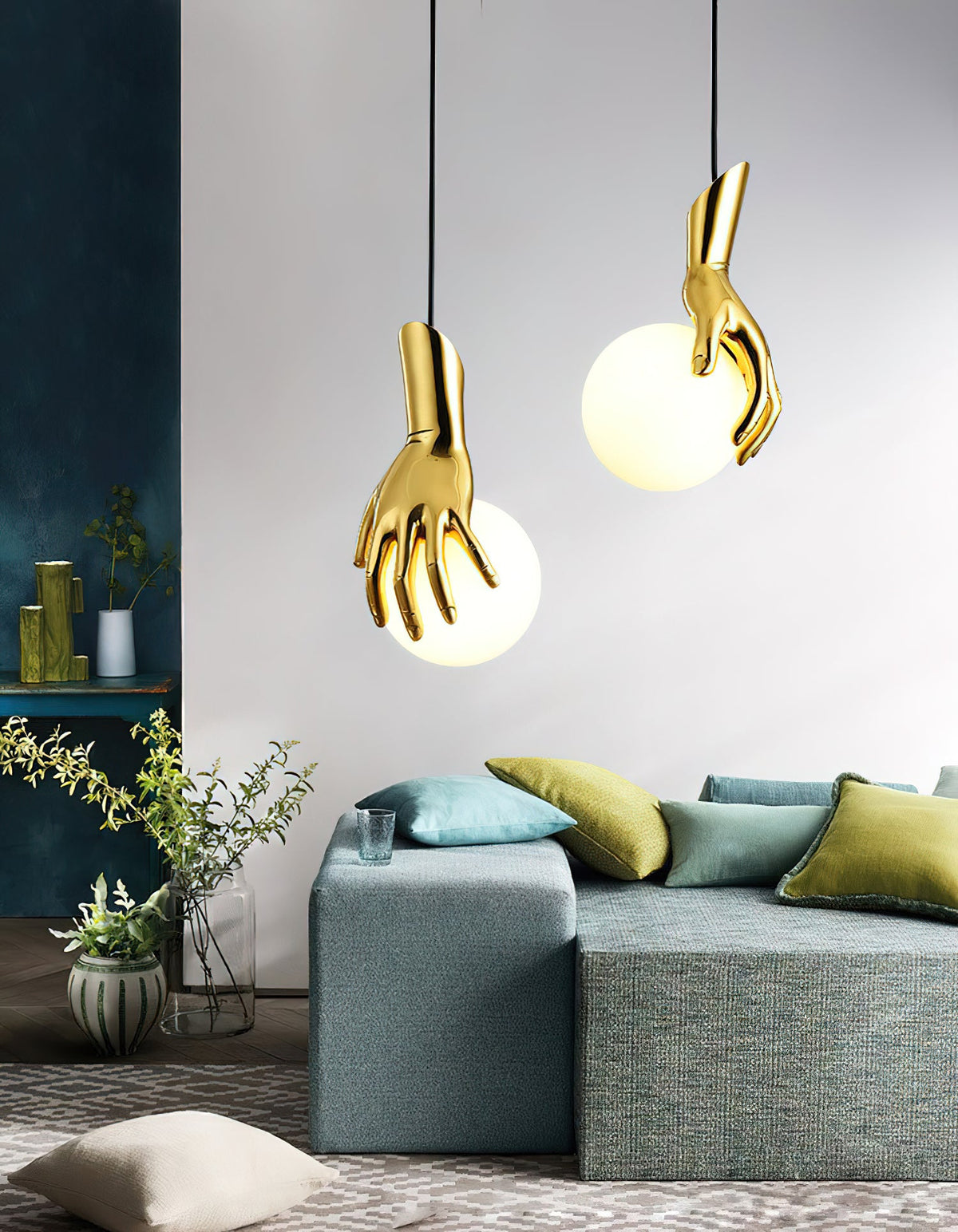 Hand Holding Globe Pendant Light - Sculptural Brass Hand & White Glass Orb Pendant