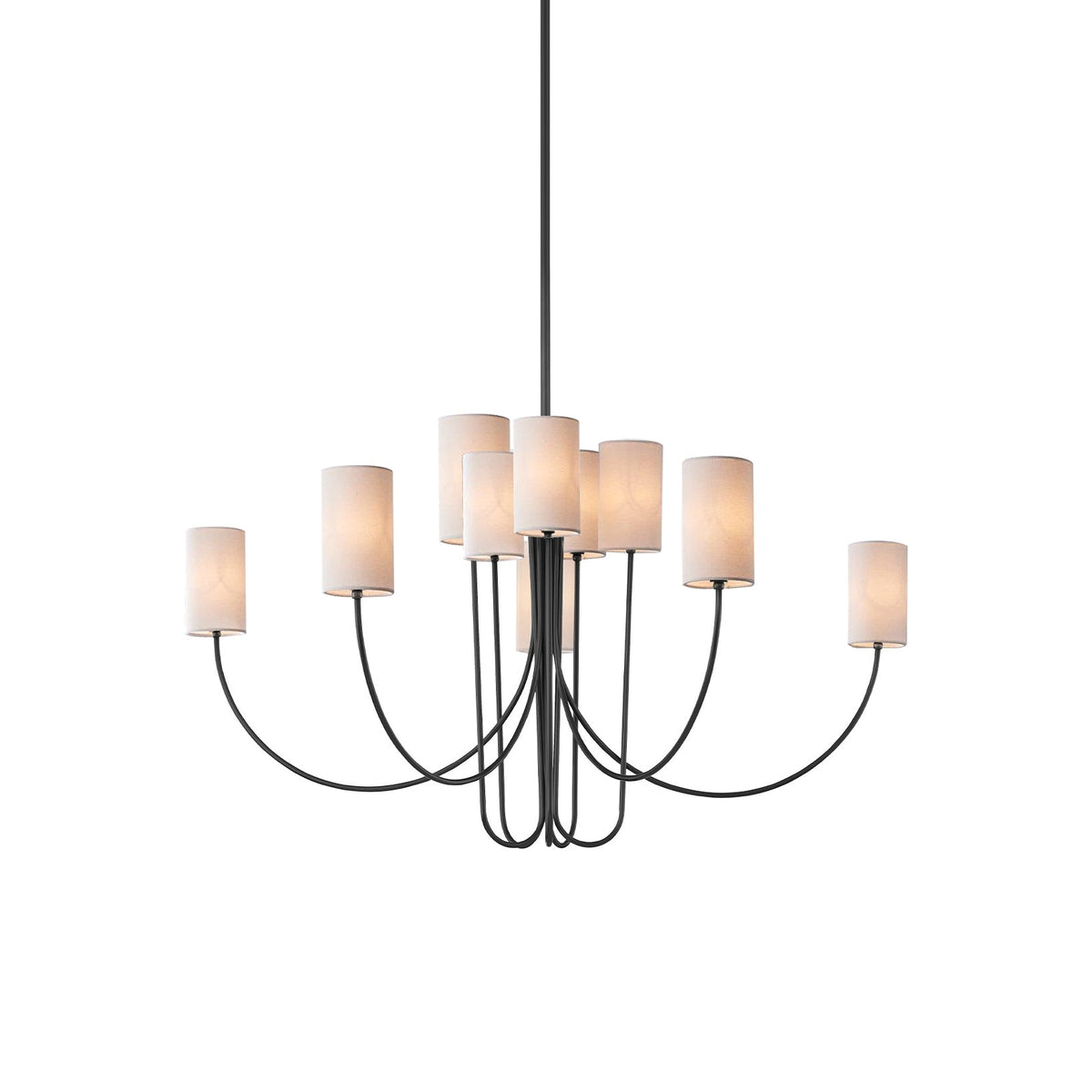 Harlem Chandelier - Bold Swooping Brass Arms & Tailored Belgian Linen Drum Shades