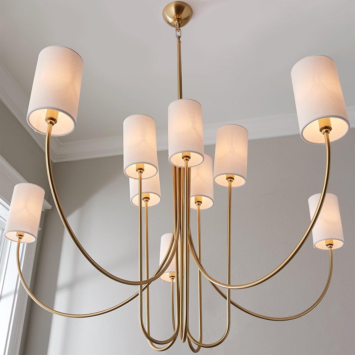 Harlem Chandelier - Bold Swooping Brass Arms & Tailored Belgian Linen Drum Shades