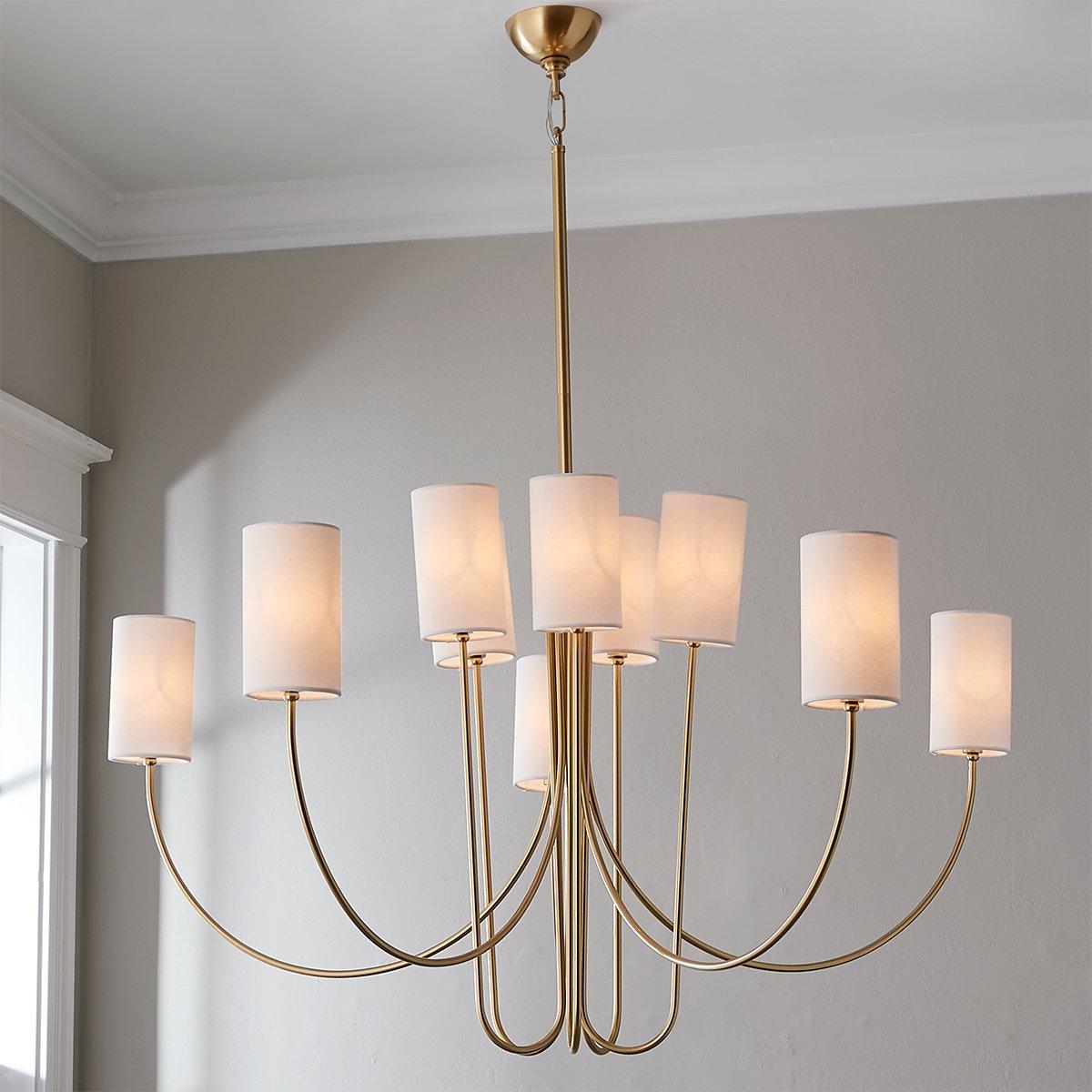 Harlem Chandelier - Bold Swooping Brass Arms & Tailored Belgian Linen Drum Shades