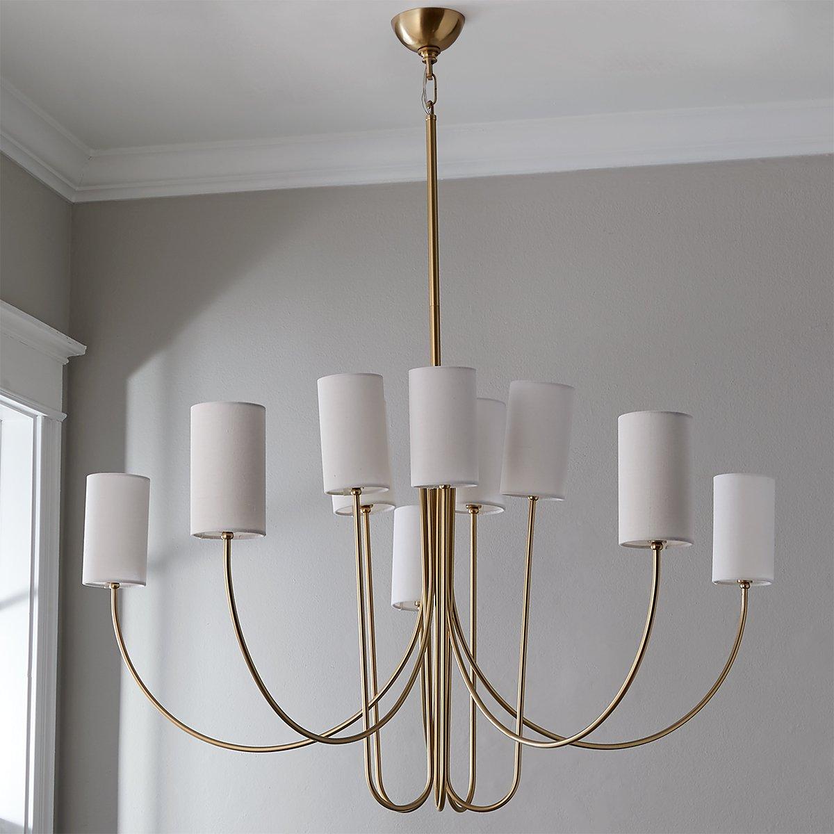 Harlem Chandelier - Bold Swooping Brass Arms & Tailored Belgian Linen Drum Shades